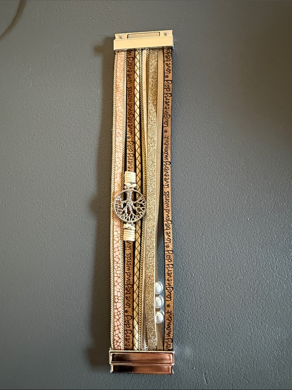 Boho Tree of Life Multi Strand Wrap Bracelet Faux Pearl Gold Tone